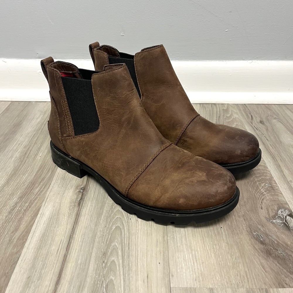 Sorel Boots Women's 9 Emelie III Brown Leather Waterproof Chelsea Ankle‎